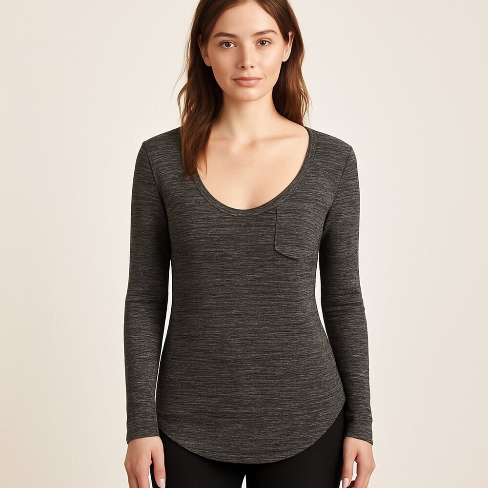 Anthropologie Pure Good Scoop Neck Top S Heathered Gray Long Sleeve